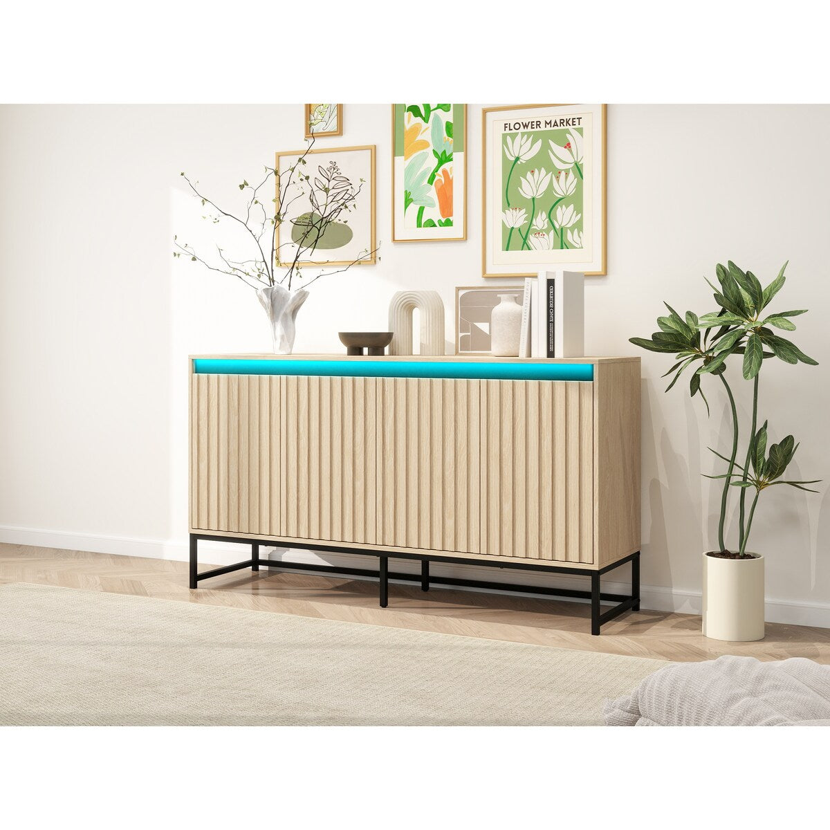 Carved 4 Door Sideboard with LED,Buffet Cabinet Storage Cabinet Modern Coffee Bar Cabinet With Adjustable Shelf