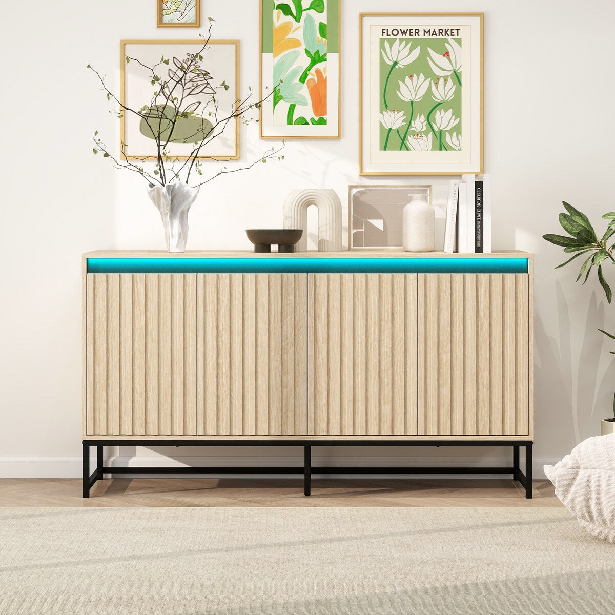 Carved 4 Door Sideboard with LED,Buffet Cabinet Storage Cabinet Modern Coffee Bar Cabinet With Adjustable Shelf