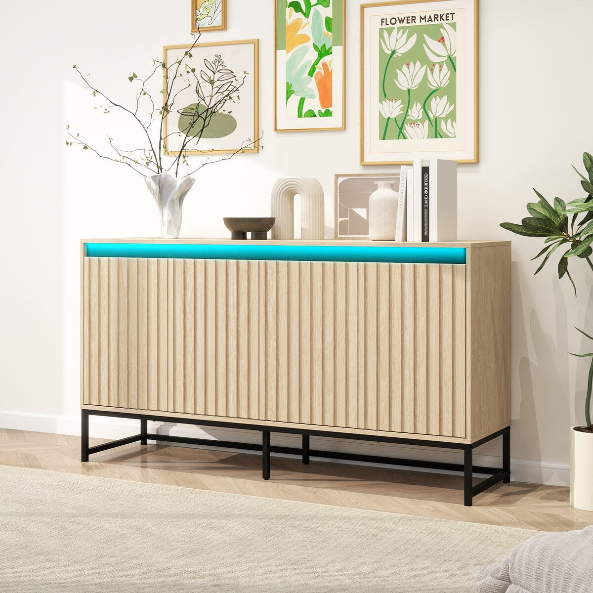 Carved 4 Door Sideboard with LED,Buffet Cabinet Storage Cabinet Modern Coffee Bar Cabinet With Adjustable Shelf