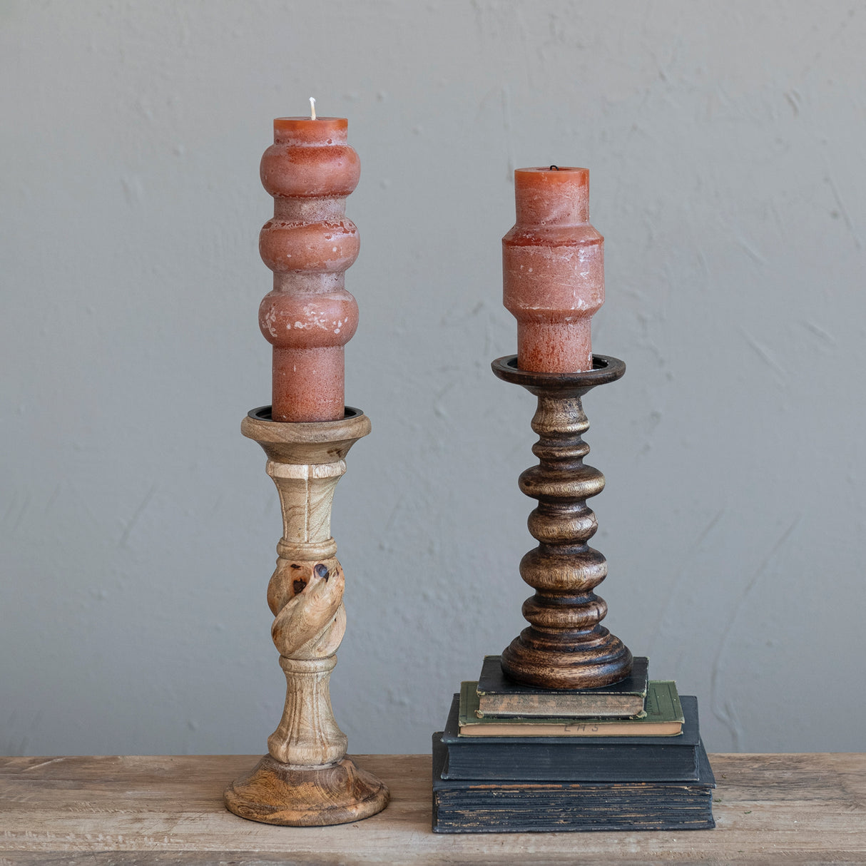 Carved Wood Pillar Candle Holder - 4.0"L x 4.0"W x 9.5"H