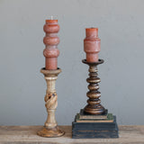 Carved Wood Pillar Candle Holder - 4.0"L x 4.0"W x 9.5"H