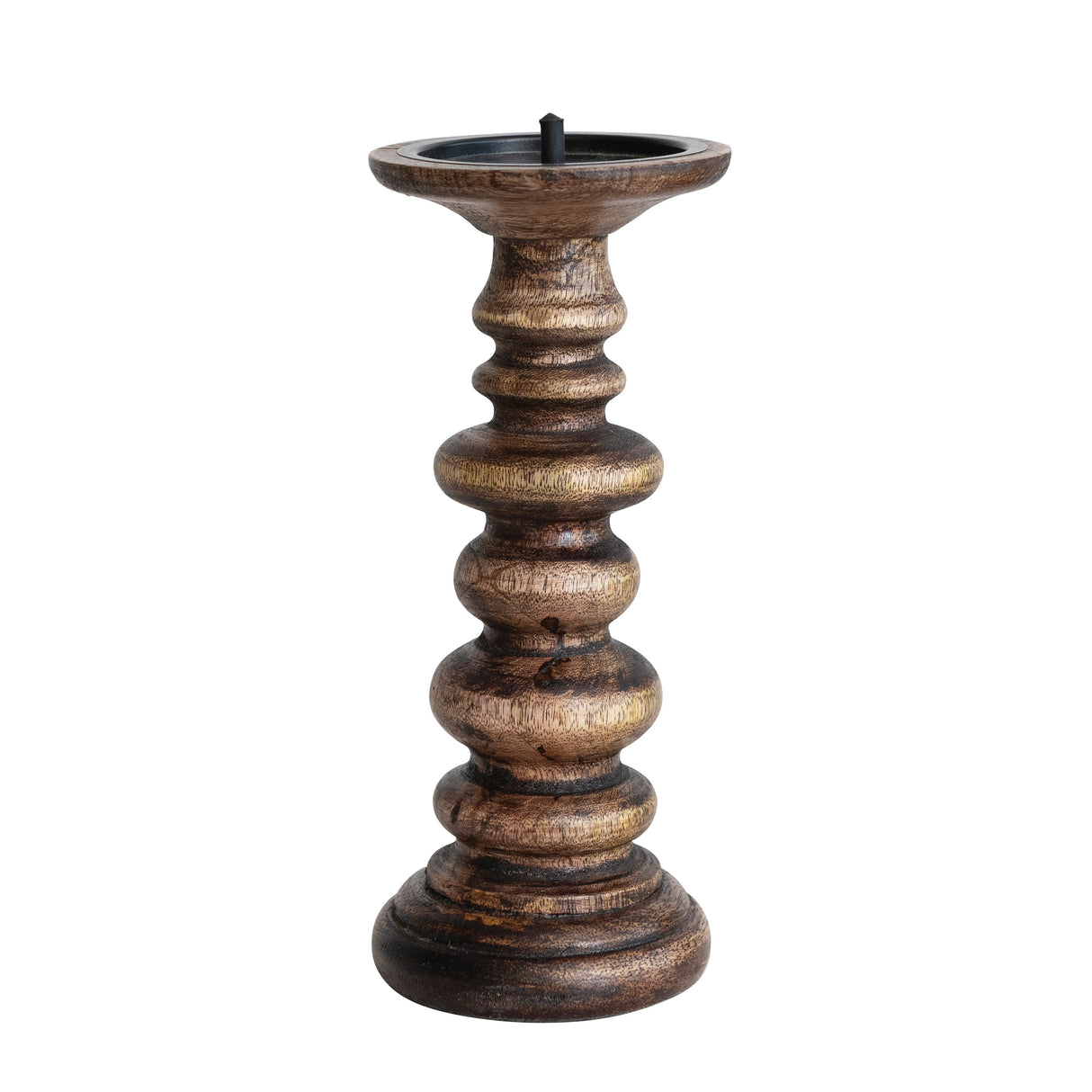 Carved Wood Pillar Candle Holder - 4.0"L x 4.0"W x 9.5"H
