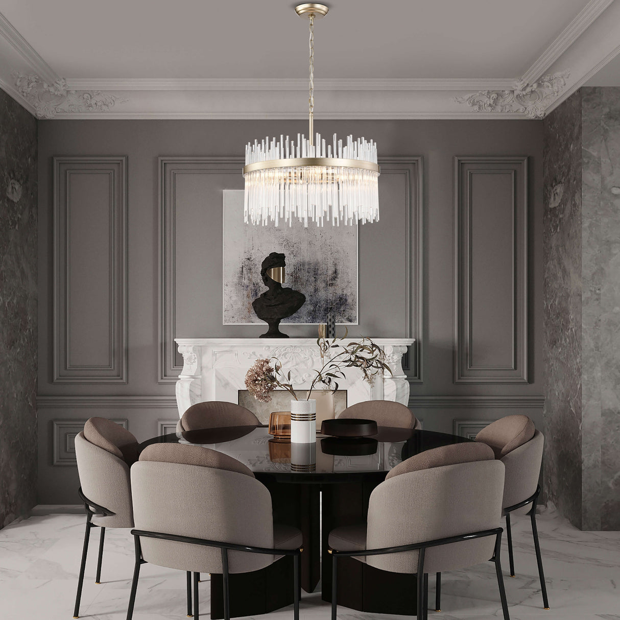 Casandra 5-light Brushed Champagne Silver Clear Glass Bars Chandelier - 19.7 inches in diameter x 17.3 inches H