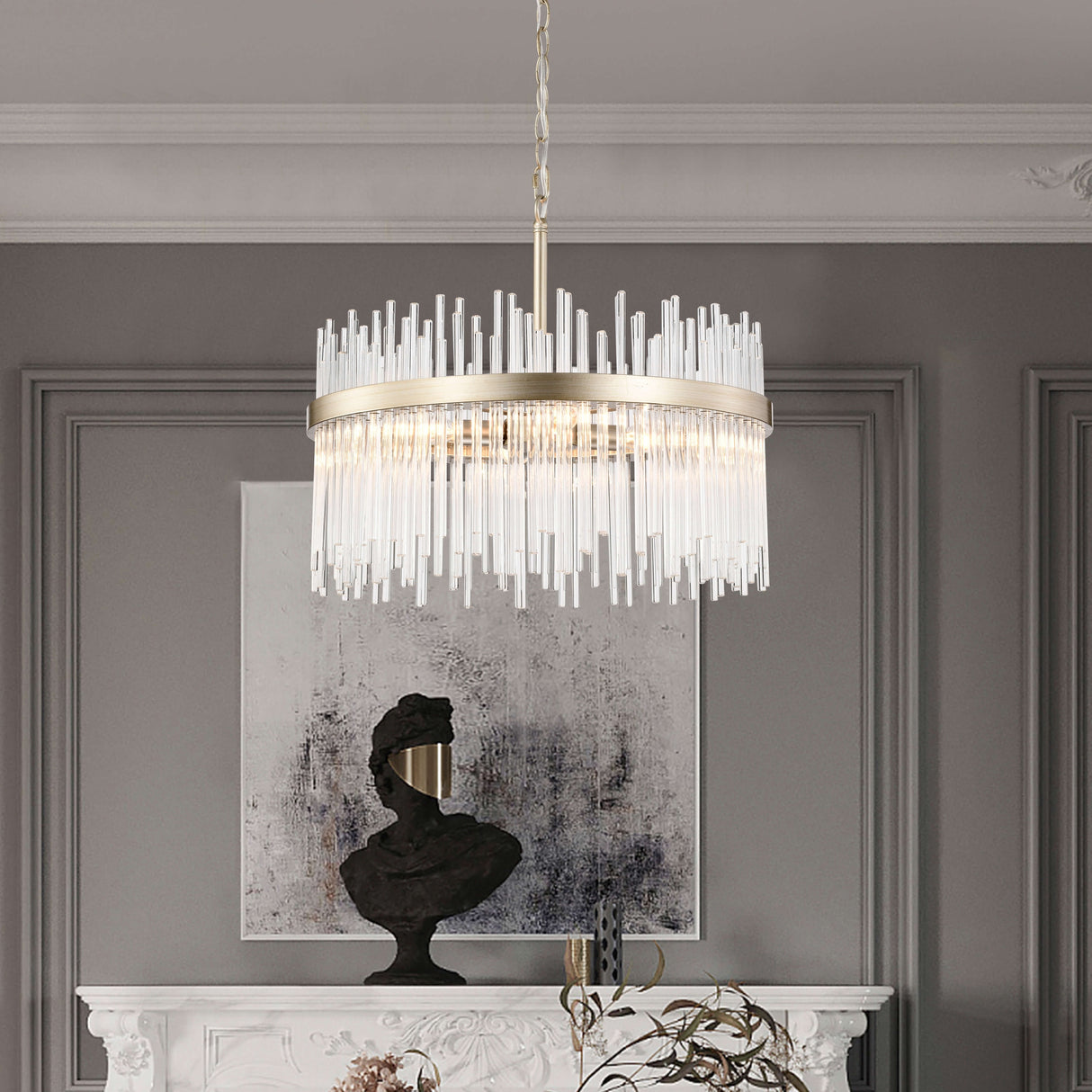 Casandra 5-light Brushed Champagne Silver Clear Glass Bars Chandelier - 19.7 inches in diameter x 17.3 inches H
