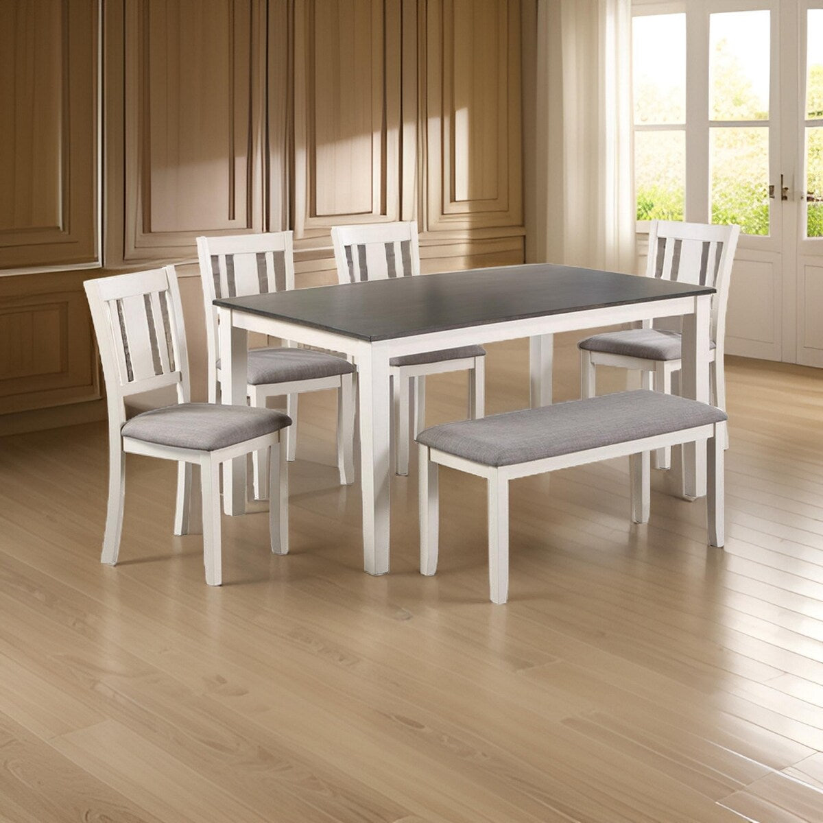 Casey 6 Piece Dining Table and Chairs Set with Bench, Farmhouse White, Gray