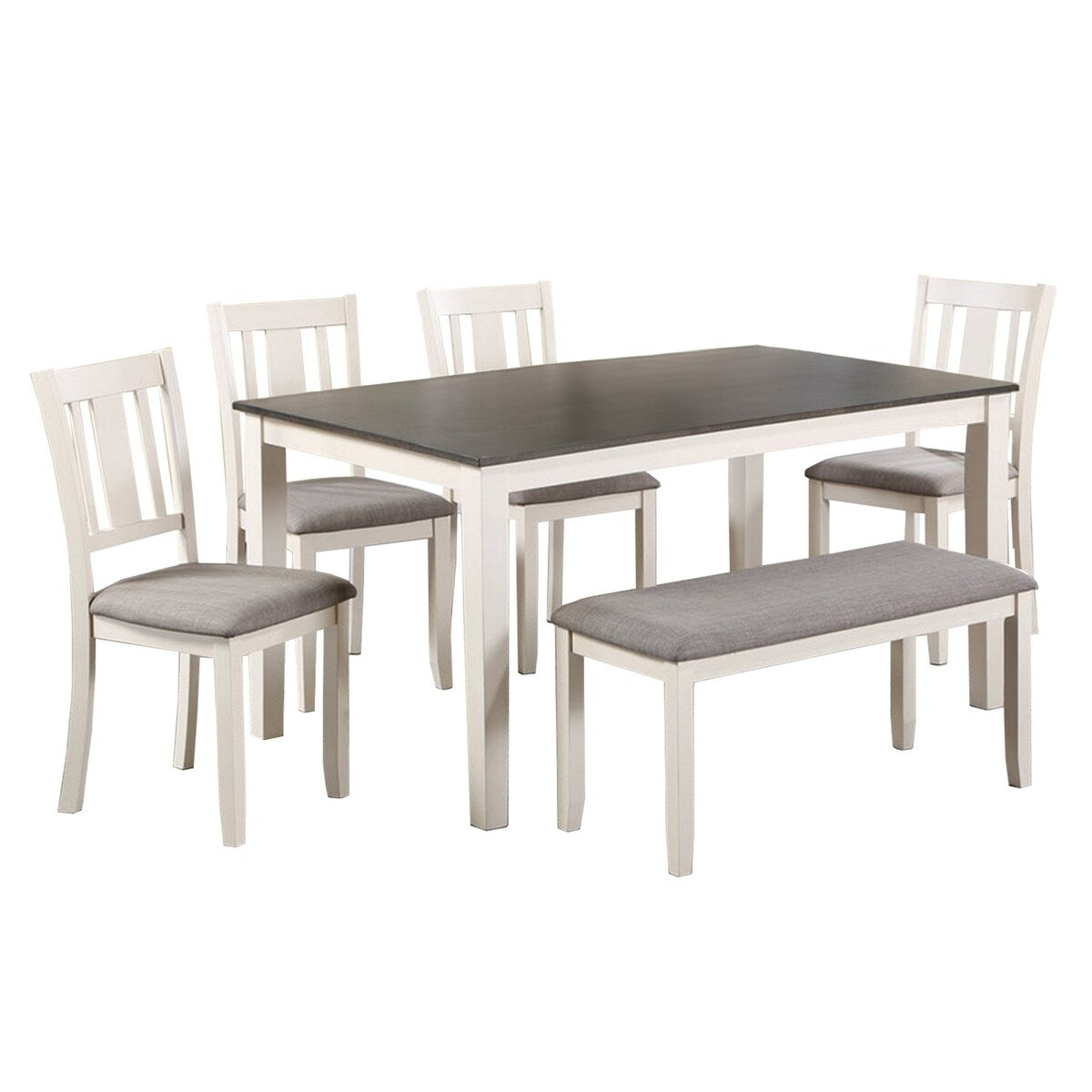 Casey 6 Piece Dining Table and Chairs Set with Bench, Farmhouse White, Gray