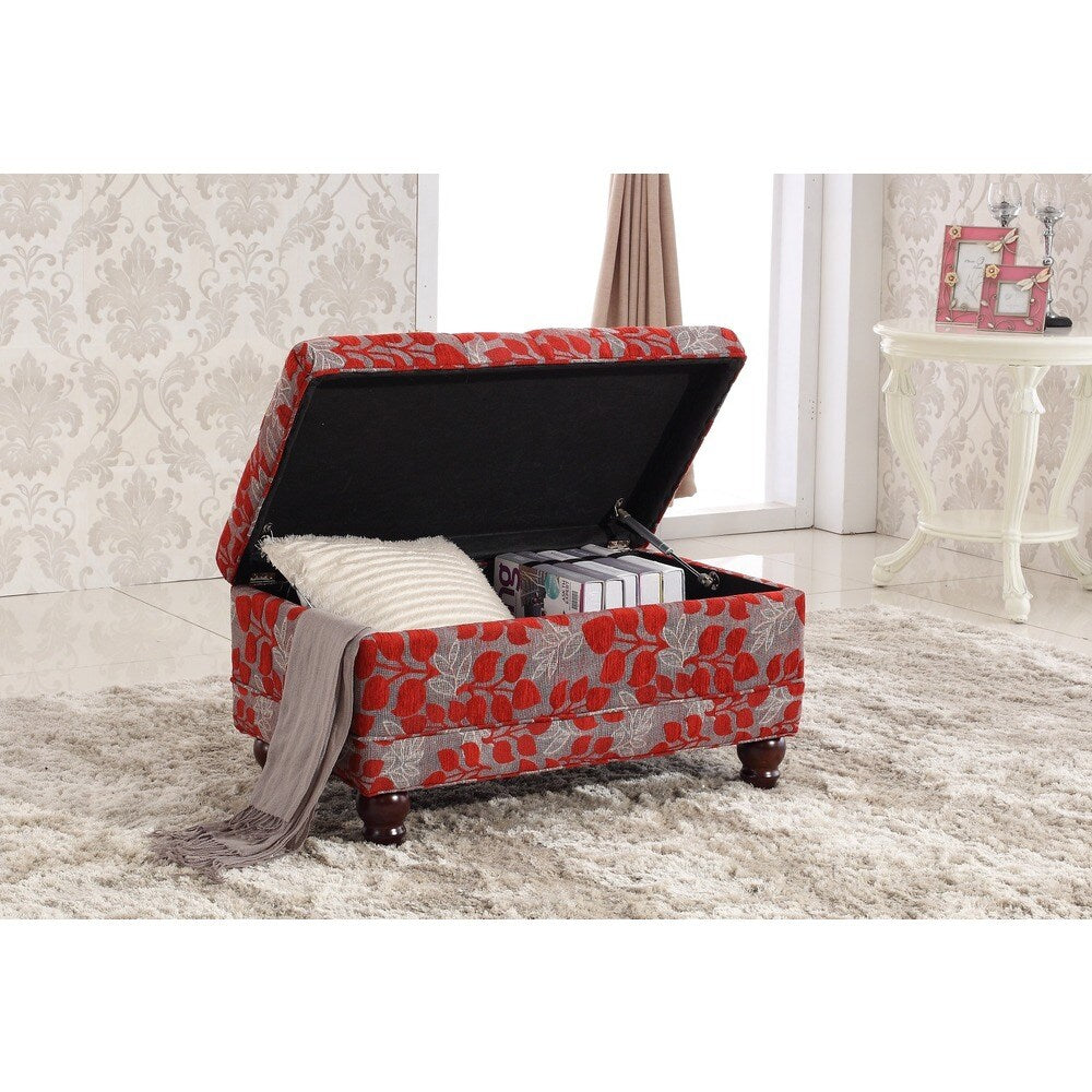 Castillian Collection Elegant Red Floral Tufted Storage Bench Ottoman