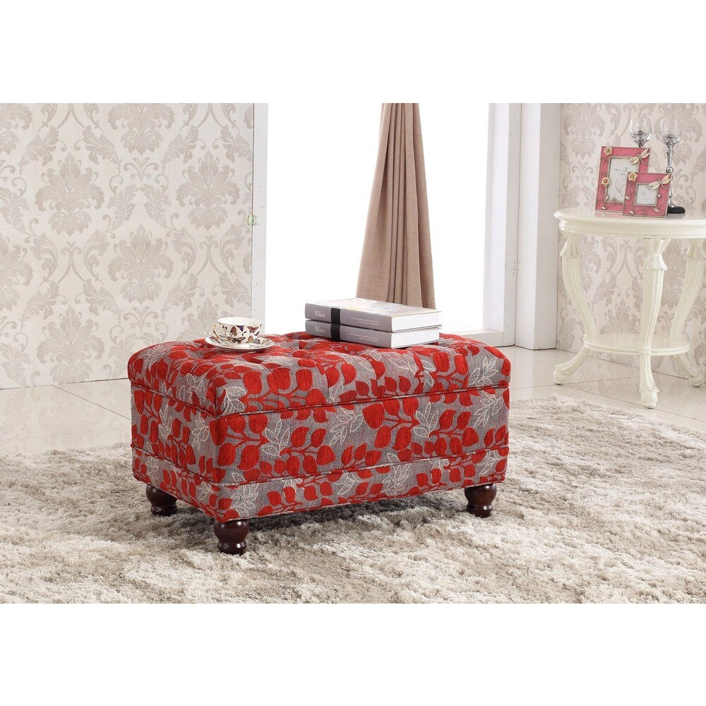 Castillian Collection Elegant Red Floral Tufted Storage Bench Ottoman