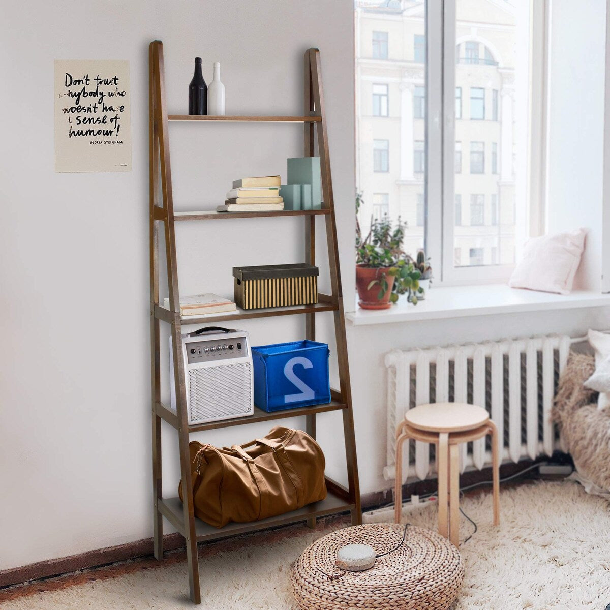 Casual Home 5-Shelf Ladder Bookcase, Warm Brown (New)