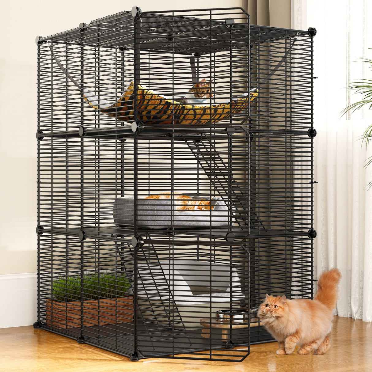 Cat Cage Indoor Cat Enclosures DIY Cat Playpen Metal Kennel with Extra Large Hammock for 1-2 Cats, Ferret, Small Animals