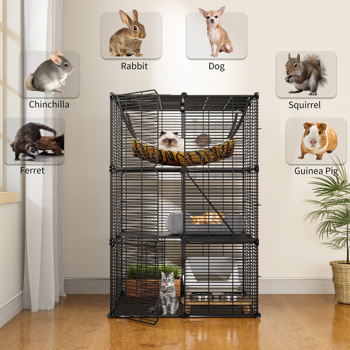 Cat Cage Indoor Cat Enclosures DIY Cat Playpen Metal Kennel with Extra Large Hammock for 1-2 Cats, Ferret, Small Animals