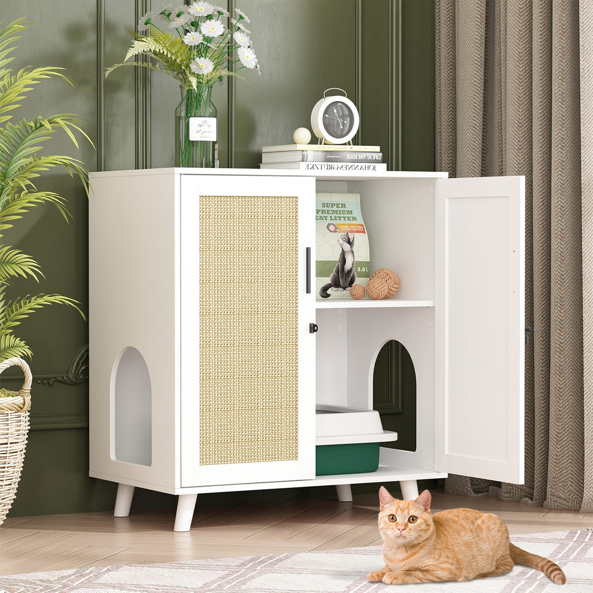 Cat Litter Box Enclosure Cat House Side Table Door Cabinet Bookcase