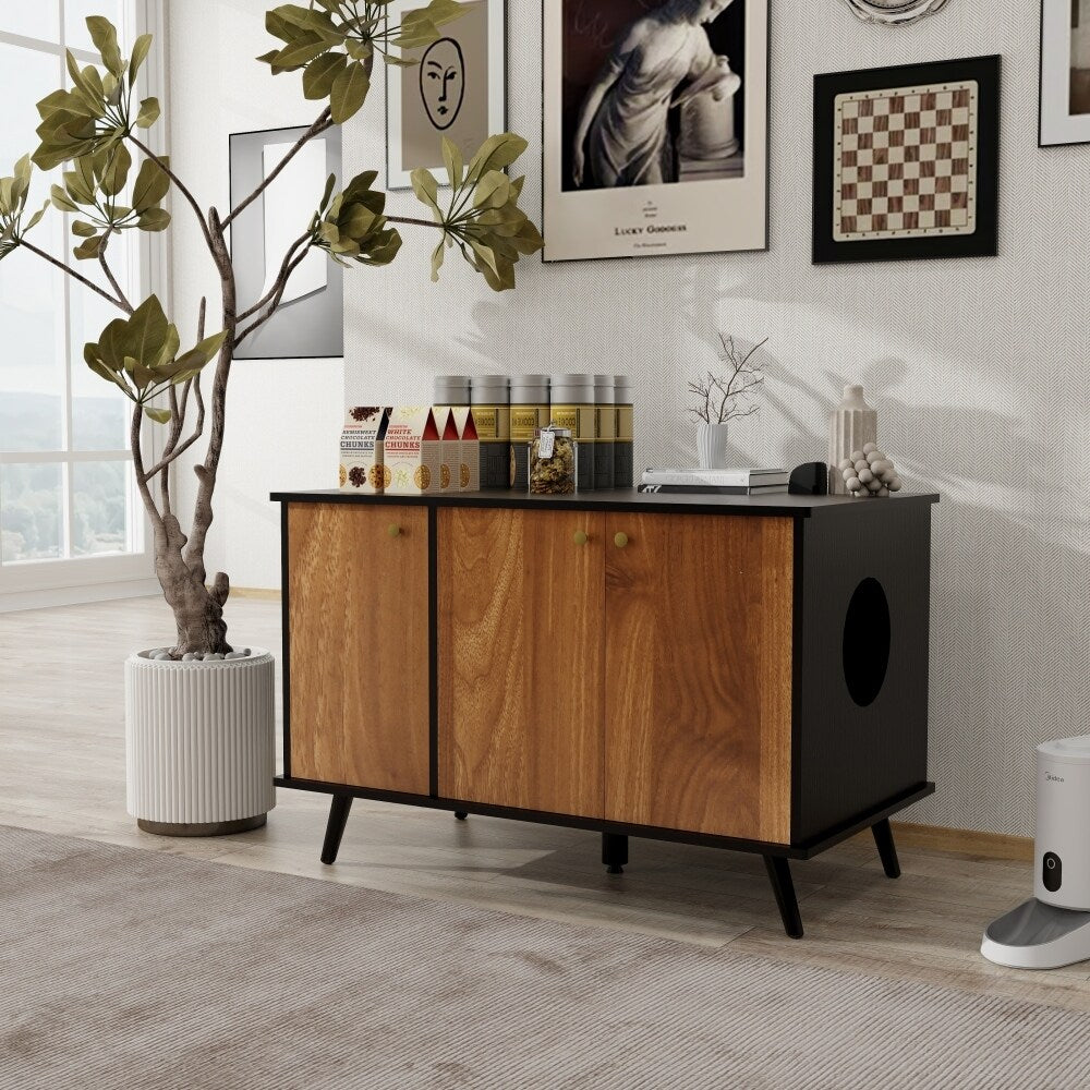 Cat Litter Box with Hidden Plug 3 Doors Bench Side Table Cat House