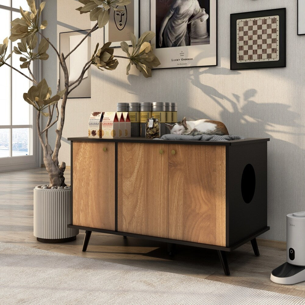 Cat Litter Box with Hidden Plug 3 Doors Bench Side Table Cat House