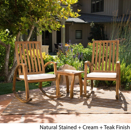 Cayo Acacia Wood Outdoor 3-piece Rocking Chair Chat Set with Cushion by Christopher Knight Home