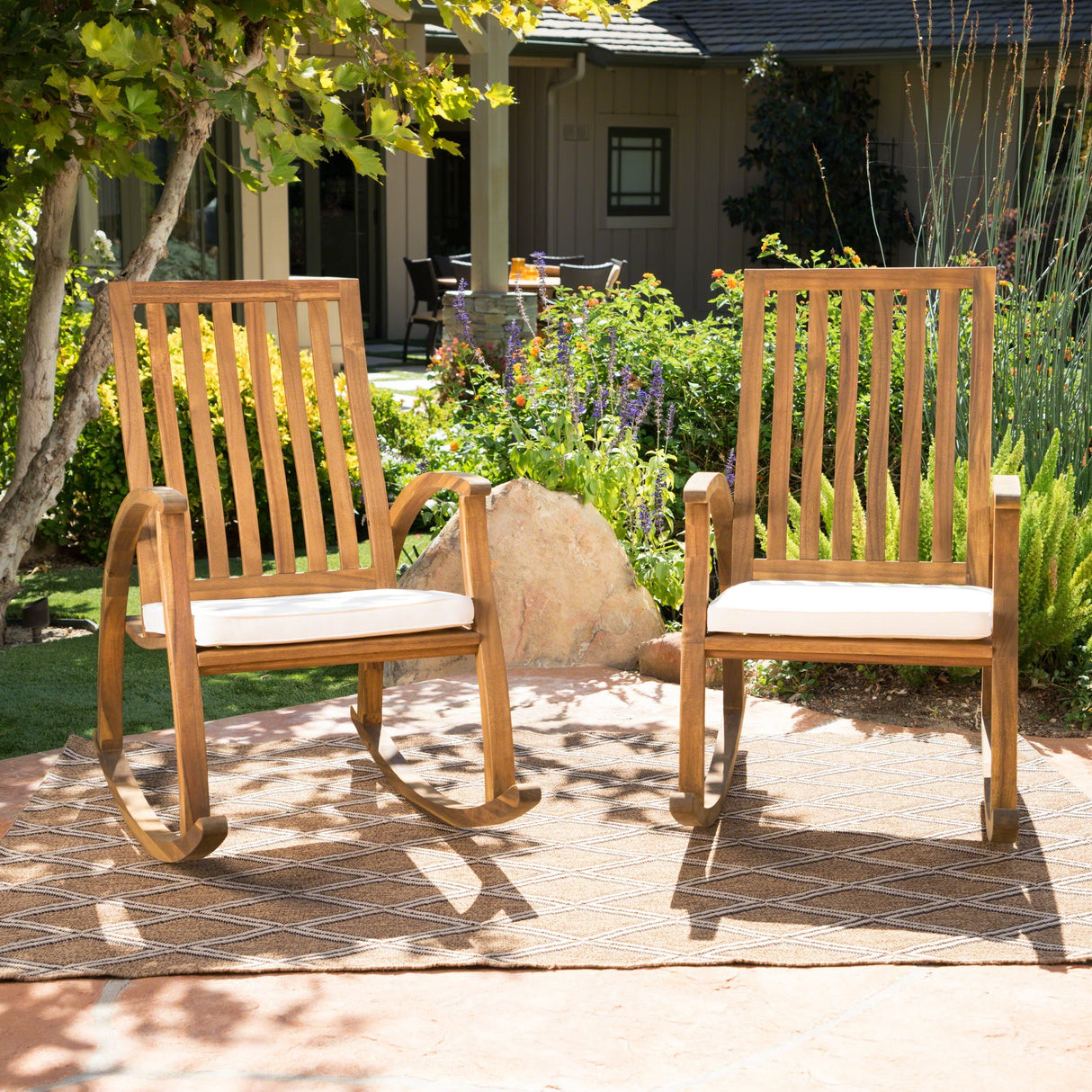 Cayo Outdoor Acacia Wood Rocking Chair with Water Resistant Cushions (Set of 2) by Christopher Knight Home