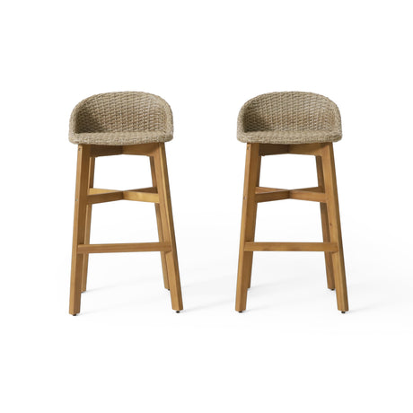 Cayuga Wicker and Acacia Wood Outdoor Barstools by Christopher Knight Home