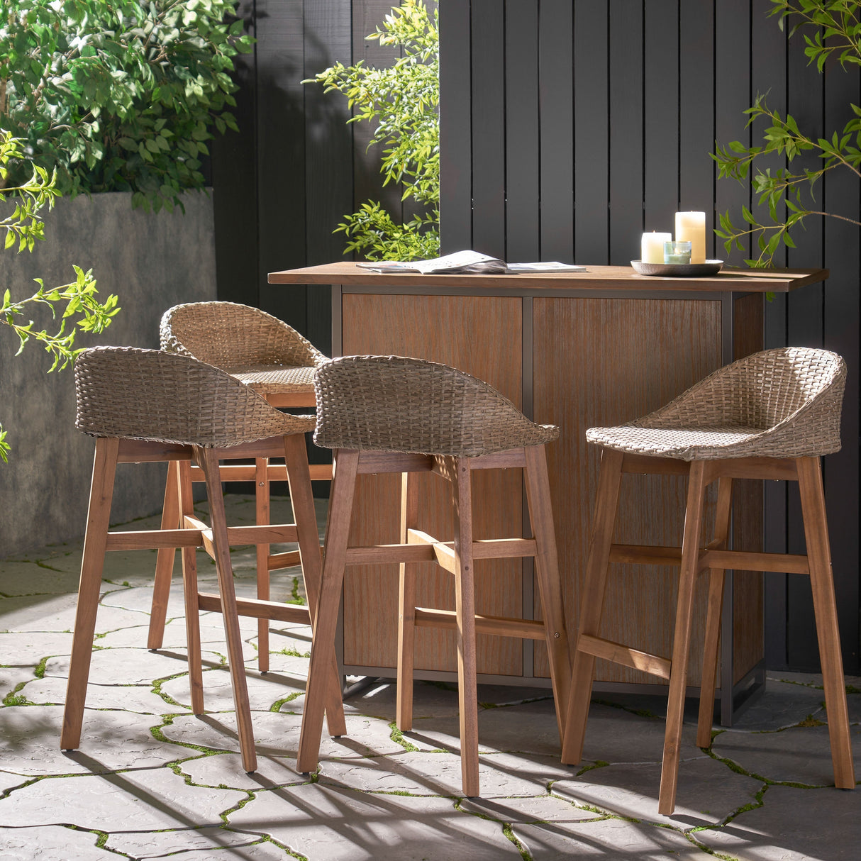 Cayuga Wicker and Acacia Wood Outdoor Barstools by Christopher Knight Home