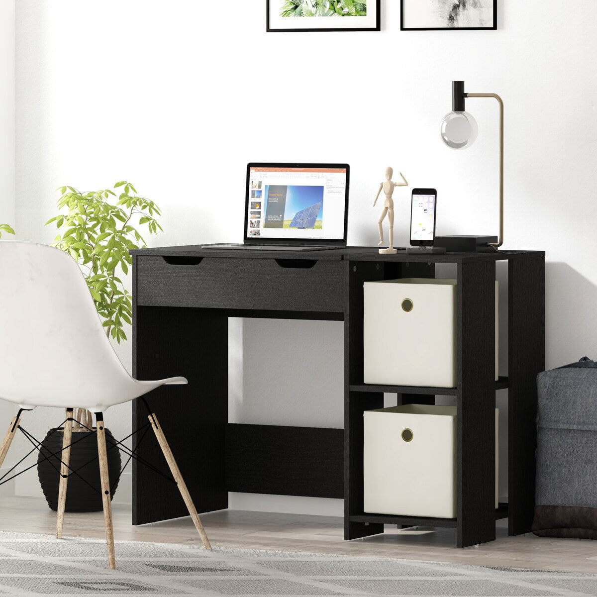 Cedar Falls Wood Lift Top Study Desk with 2 Cubbies, Black Oak
