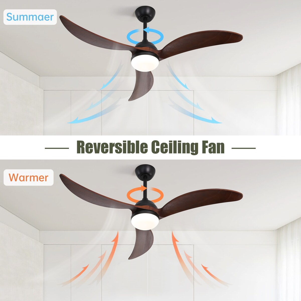 Ceiling Fan Without Light 3 Solid Wood Blade with DC Motor Remote Control
