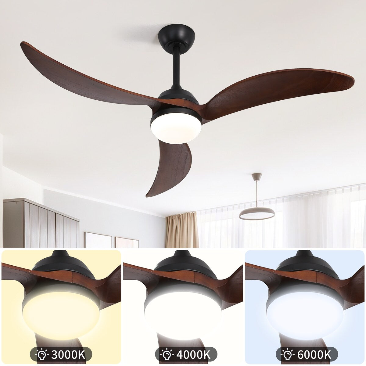 Ceiling Fan Without Light 3 Solid Wood Blade with DC Motor Remote Control