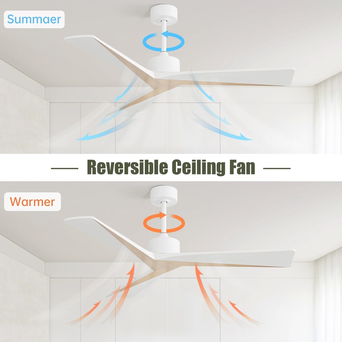 Ceiling Fan Without Light 3 Solid Wood Blade with DC Motor Remote Control