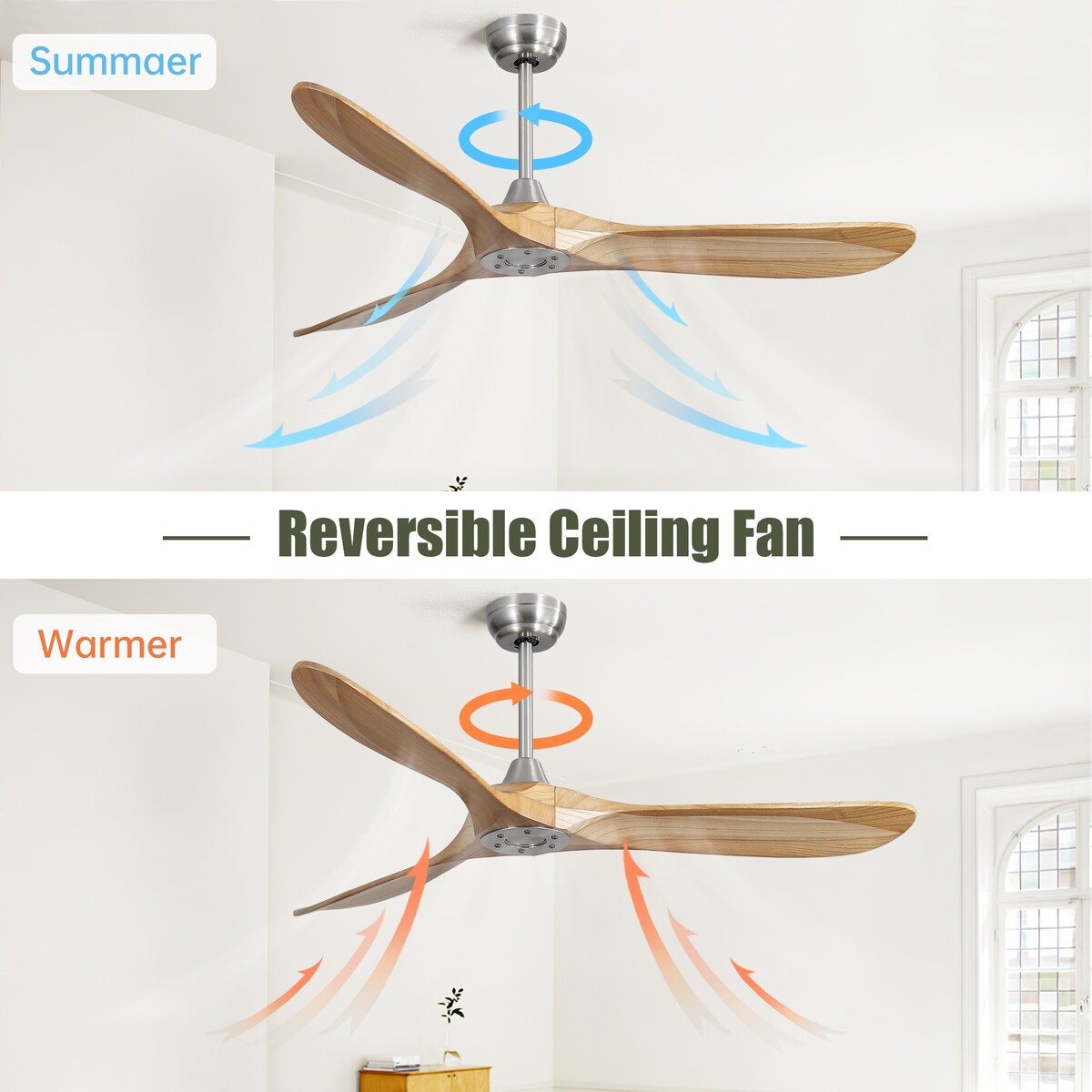 Ceiling Fan Without Light 3 Solid Wood Blade with DC Motor Remote Control