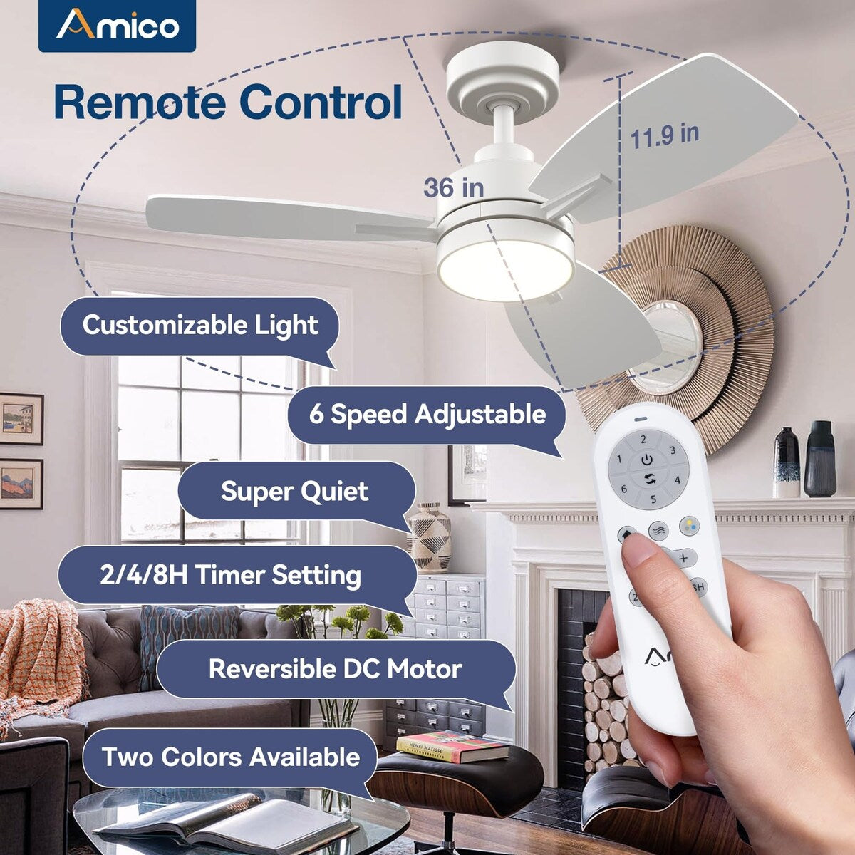 Ceiling Fans with Lights, 36 inch Ceiling Fan with Light,Reversible,3CCT,Dimmable,Noiseless,Small White Ceiling Fan