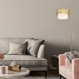 Celia River of Goods Painted Gold Metal 62.25-Inch Floor Lamp with Painted Gold Metal and White Fabric Drum Shade
