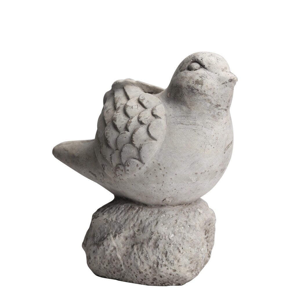 Cement Bird Figurine Sitting on a Hollow Rock, Large, Distressed Gray