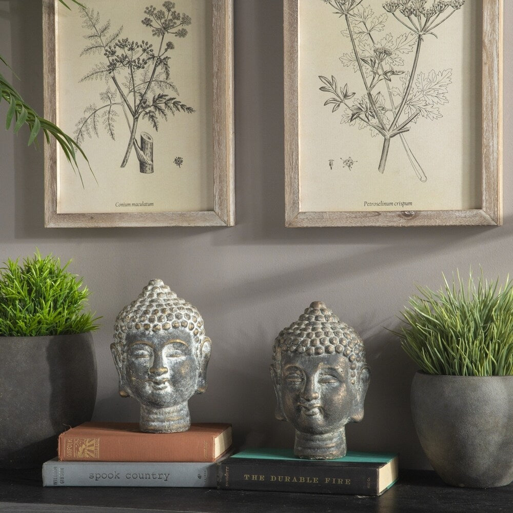 Cement Buddha Head Figurine, Distressed Concrete Finish Gold - N/A