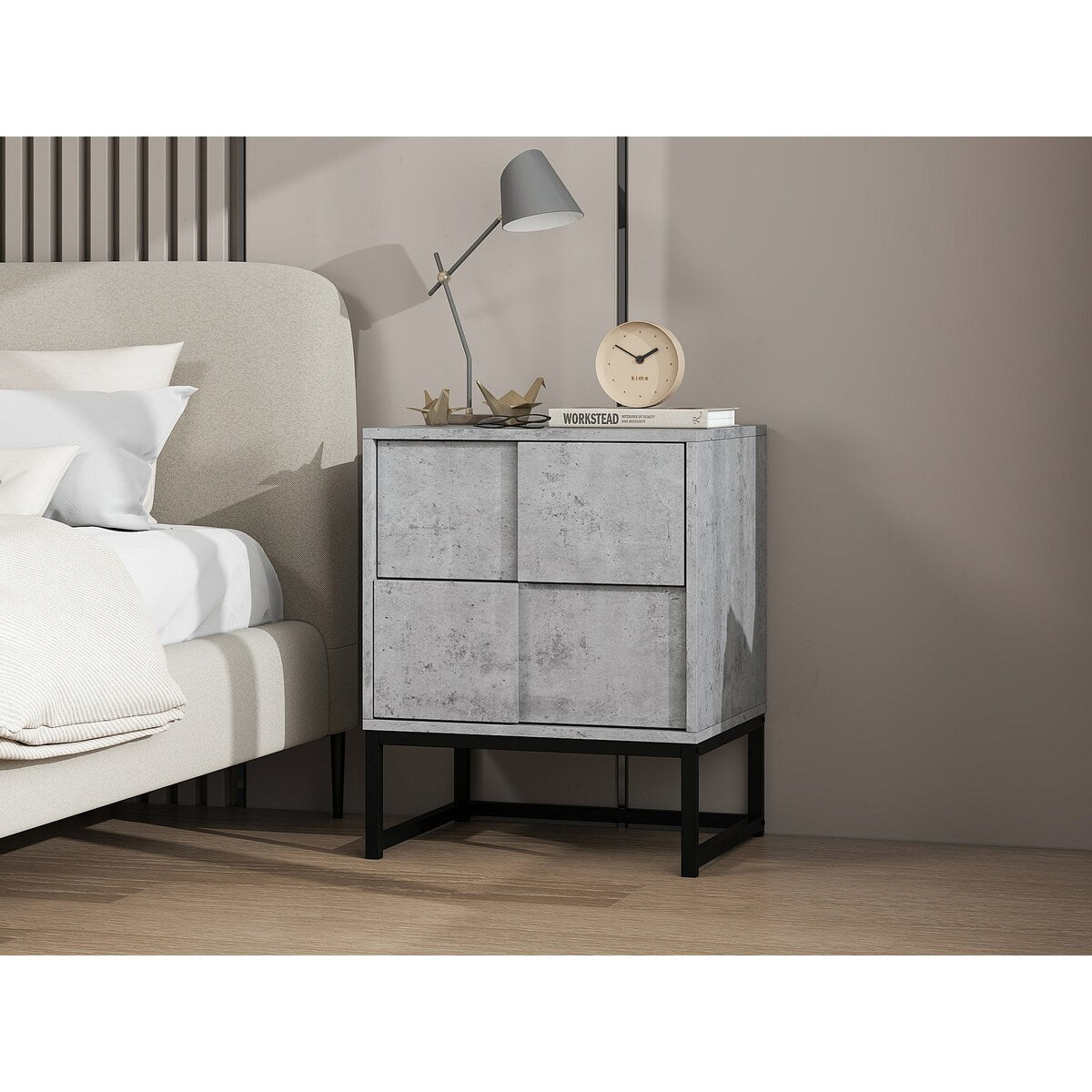 Cement Grey 2 Drawer Nightstand Cabinet With Metal Base
