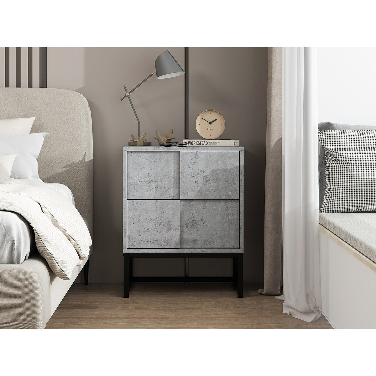 Cement Grey 2 Drawer Nightstand Cabinet With Metal Base