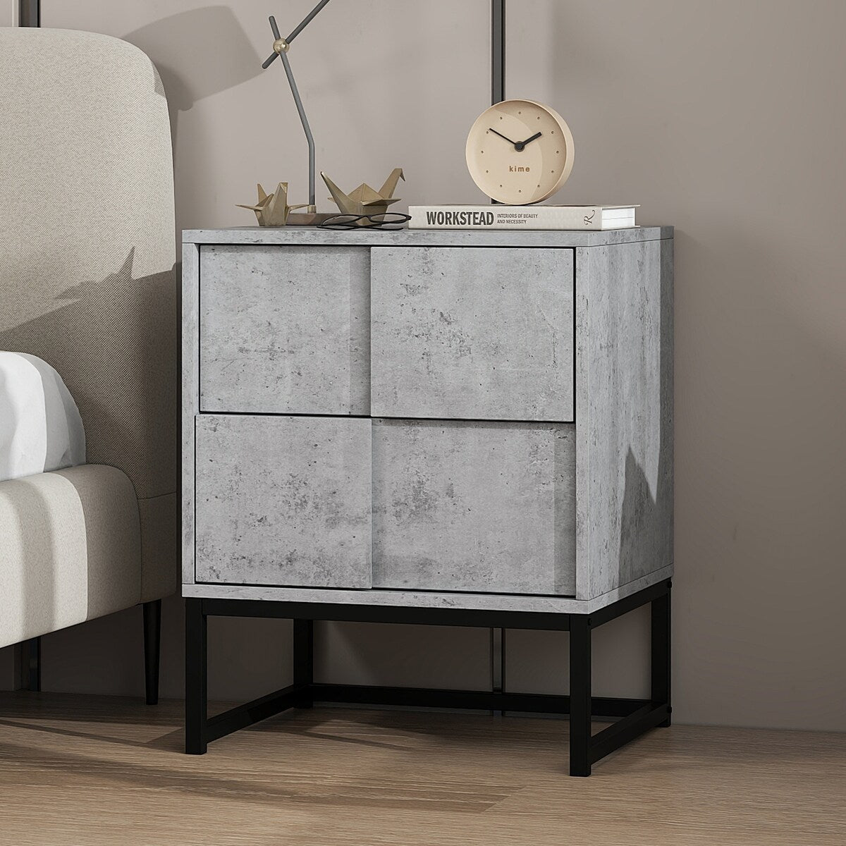 Cement Grey 2 Drawer Nightstand Cabinet With Metal Base