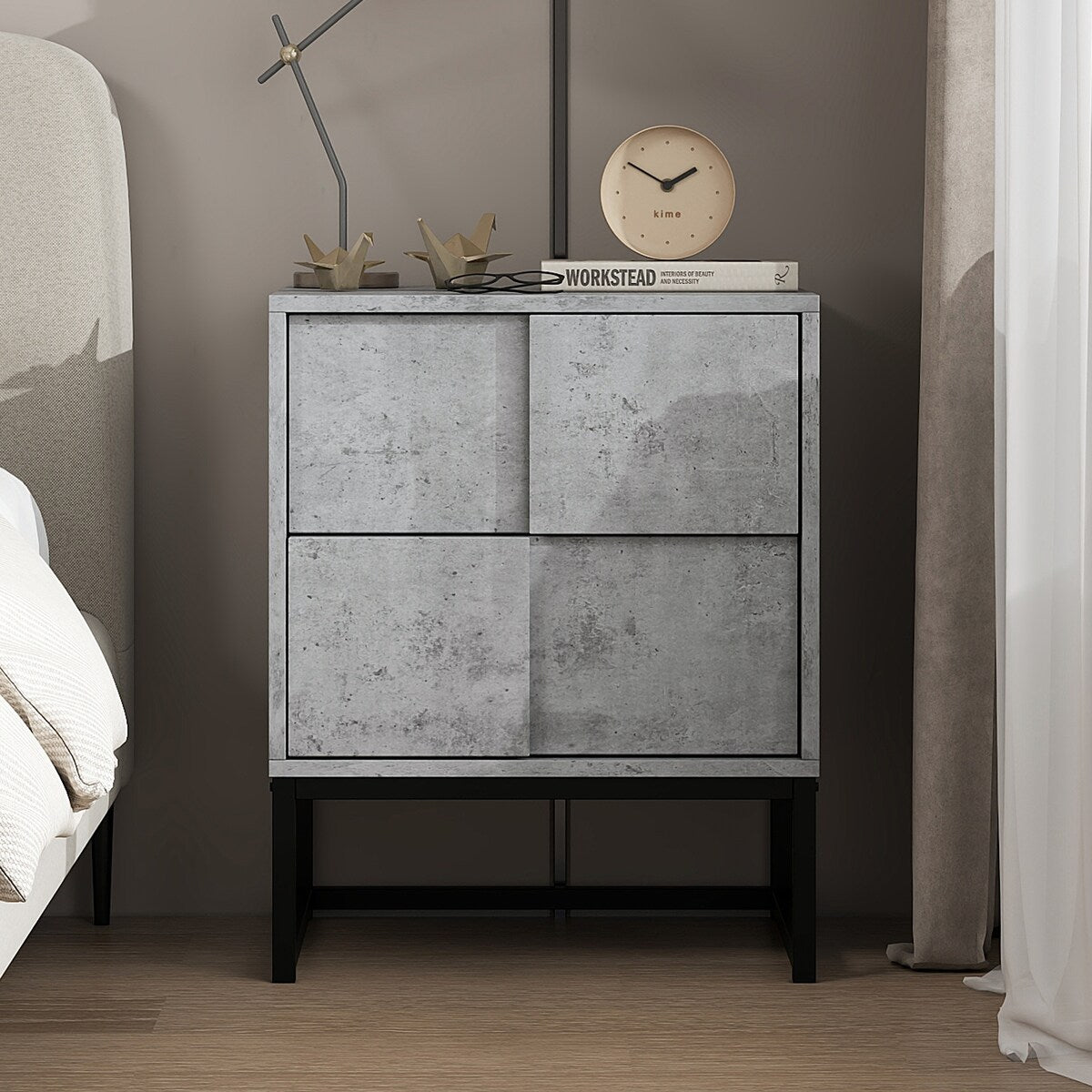 Cement Grey 2 Drawer Nightstand Cabinet With Metal Base