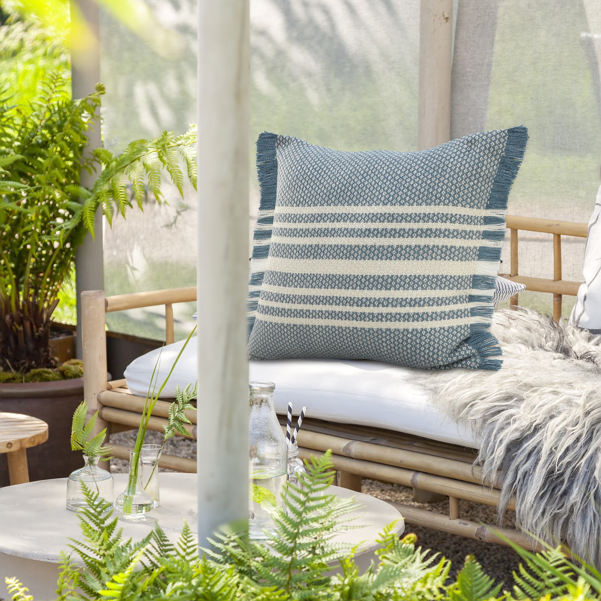 Sevita Centered Stripes Woven Throw Pillow with Fringe