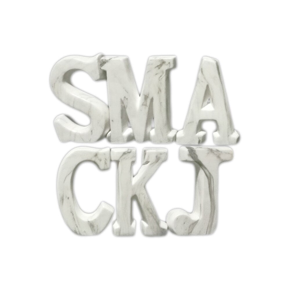 Ceramic Alphabet Tabletop Decor Letter "SMACKJ" Assortment of Six LG Polished Marble Finish White