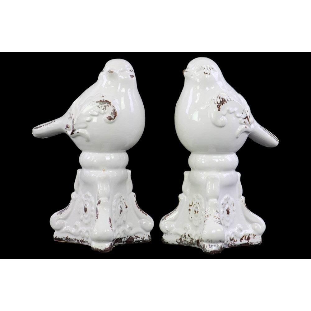 Urban Trends Birds on Tripod Pedestals Distressed Gloss White Ceramic Figurines (Set of 2)