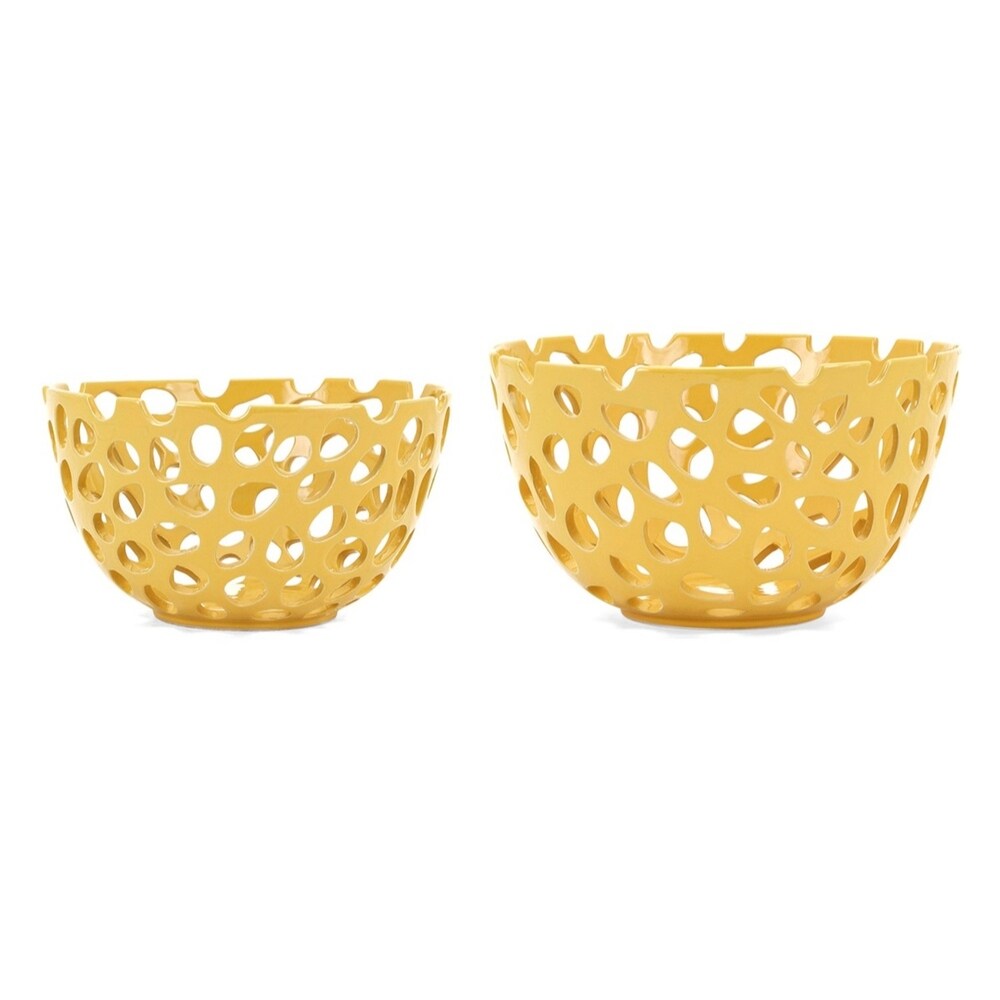 Ceramic Decorative Bowls with Cut-Out Pattern, Set of Two, yellow