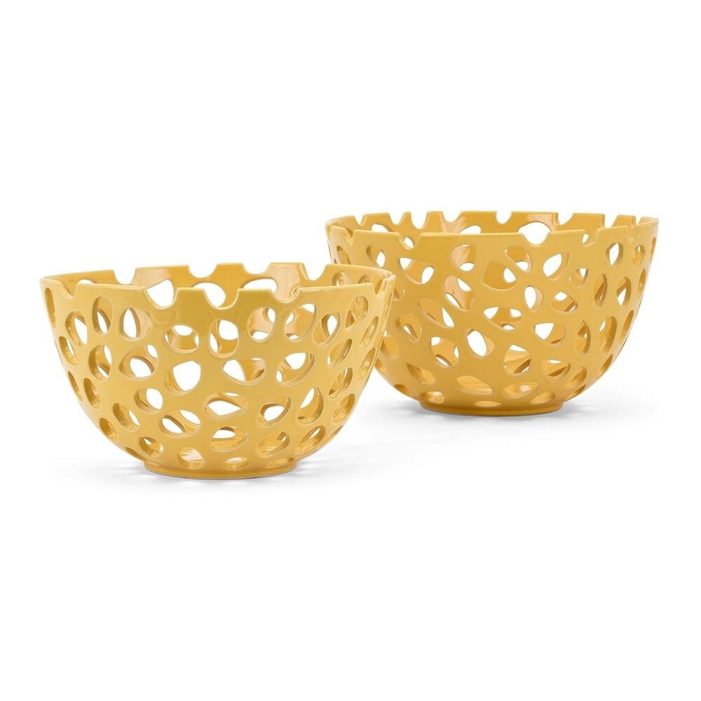 Ceramic Decorative Bowls with Cut-Out Pattern, Set of Two, yellow