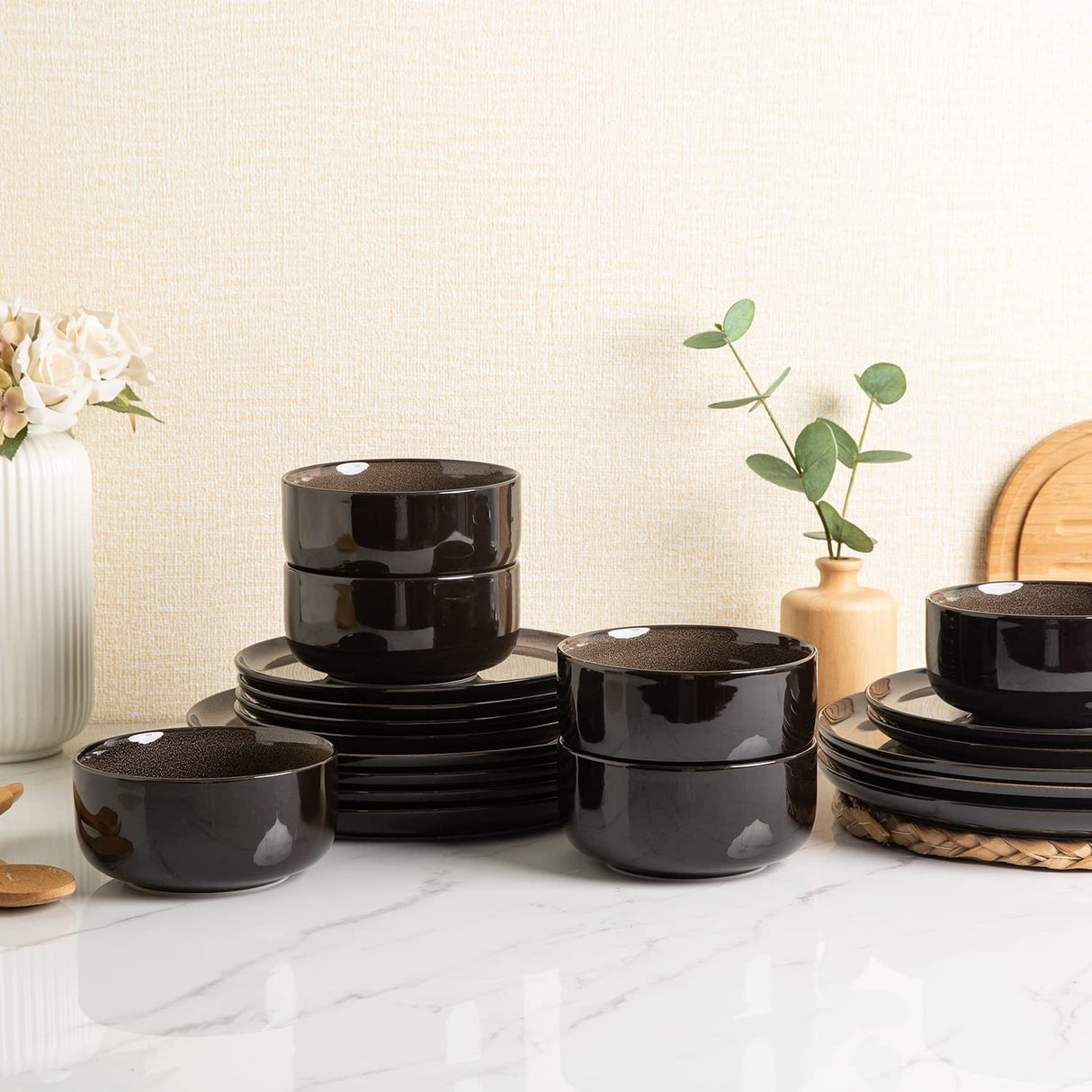 Ceramic Dinnerware Sets,12-Piece Plates and Bowls,Handmade Reactive Glaze Dishes Set,Chip Resistant & Scratch Resistant Oven