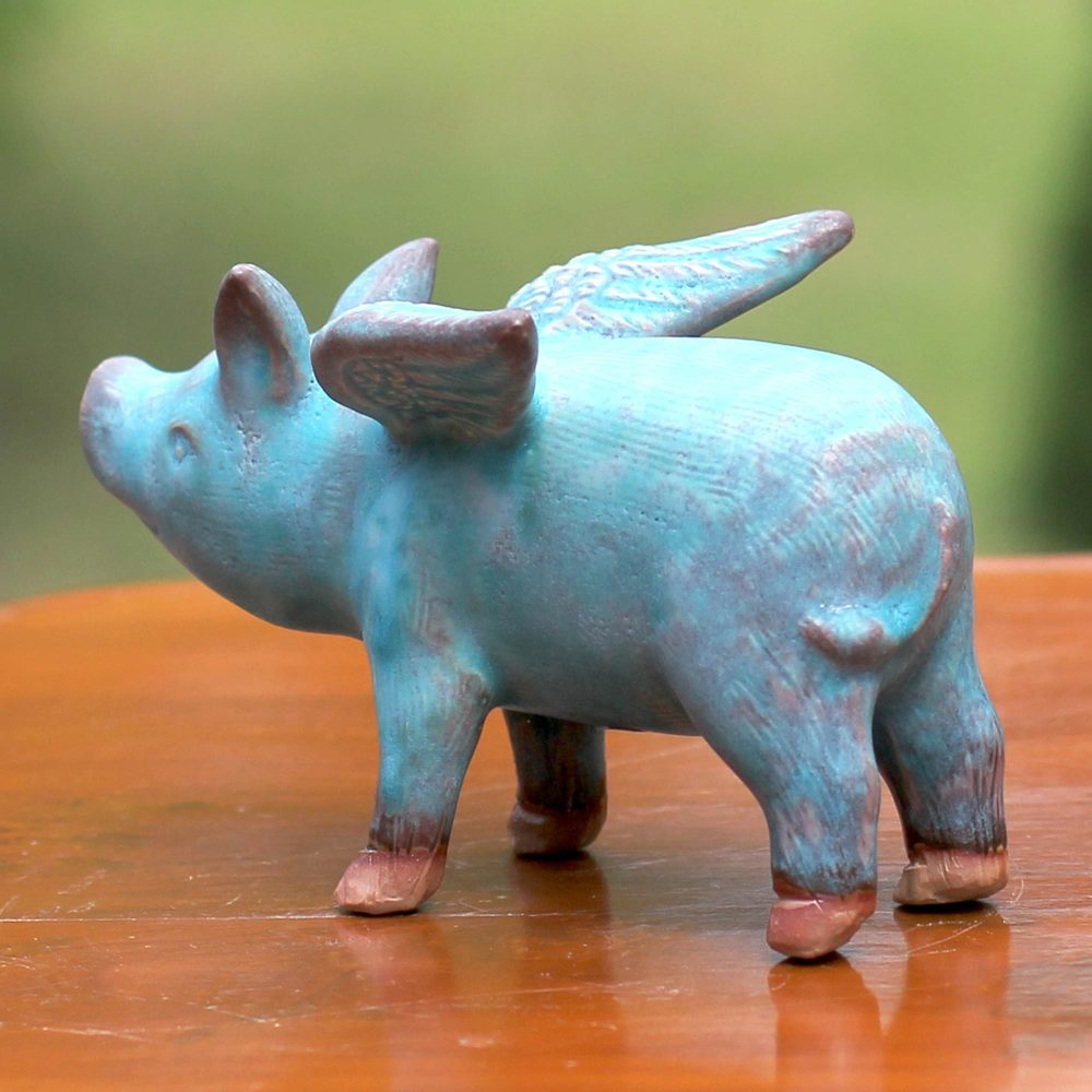 Handmade Ceramic Figurine Blue Flying Pig (Thailand)