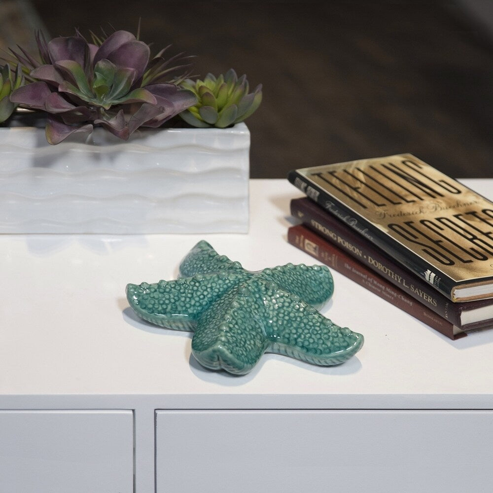 Ceramic Gloss Finish Turquoise Red-knobbed Sea Star Figurine