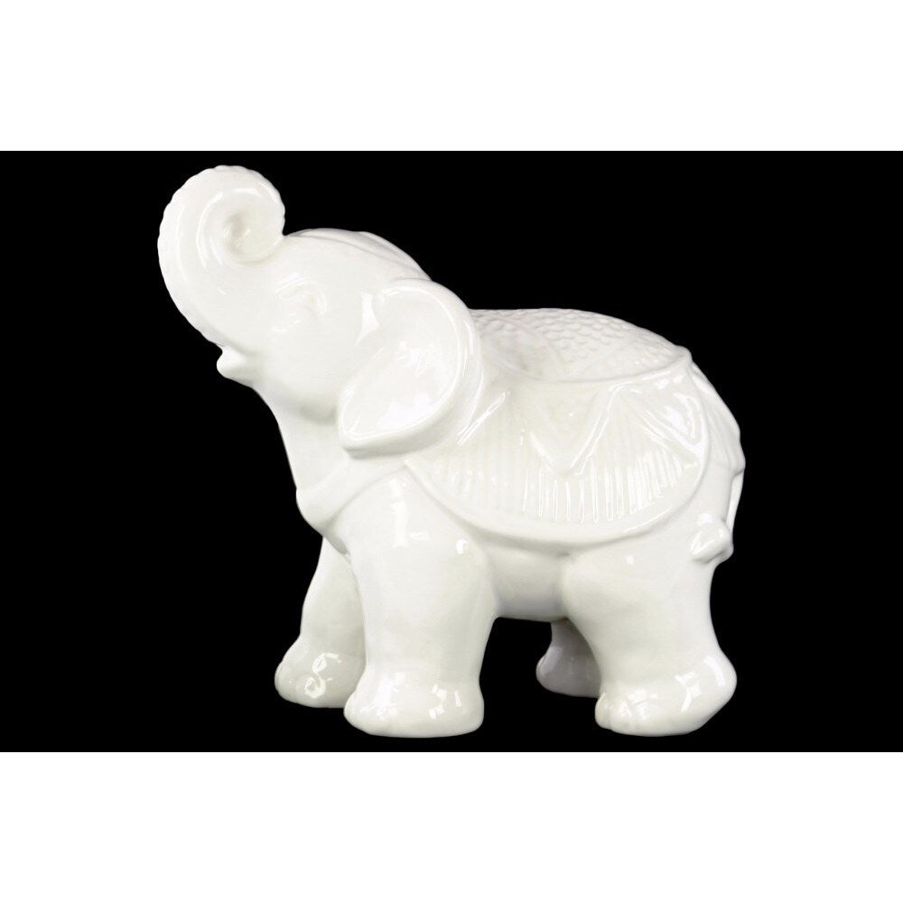 Ceramic Glossy Standing Trumpeting Ceremonial Elephant Figurine, White