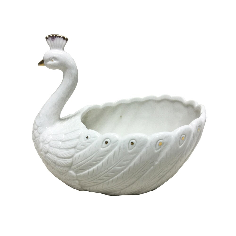 Ceramic Peacock Shaped Decorative Planter with Gold Trim, White