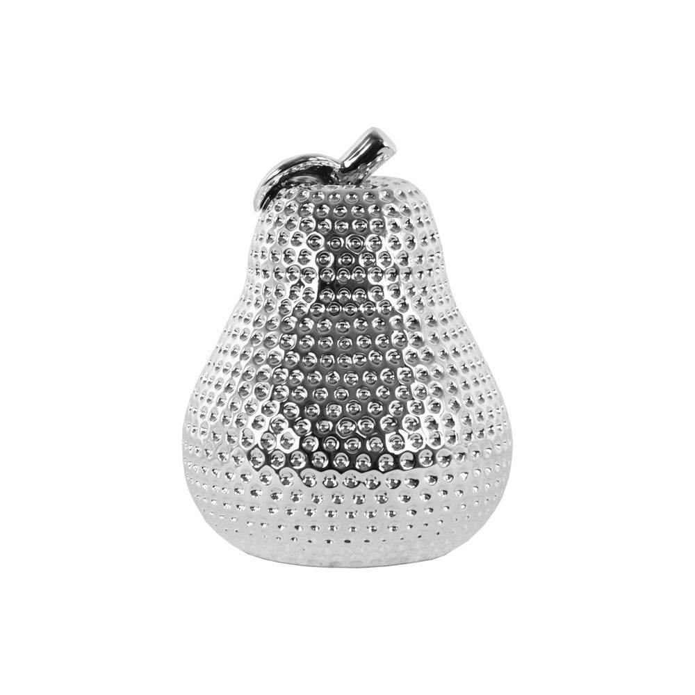 Large Ceramic Dimpled Polished Chrome Finish Silver Pear Figurine with Leaf on Stem