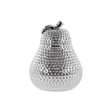 Large Ceramic Dimpled Polished Chrome Finish Silver Pear Figurine with Leaf on Stem