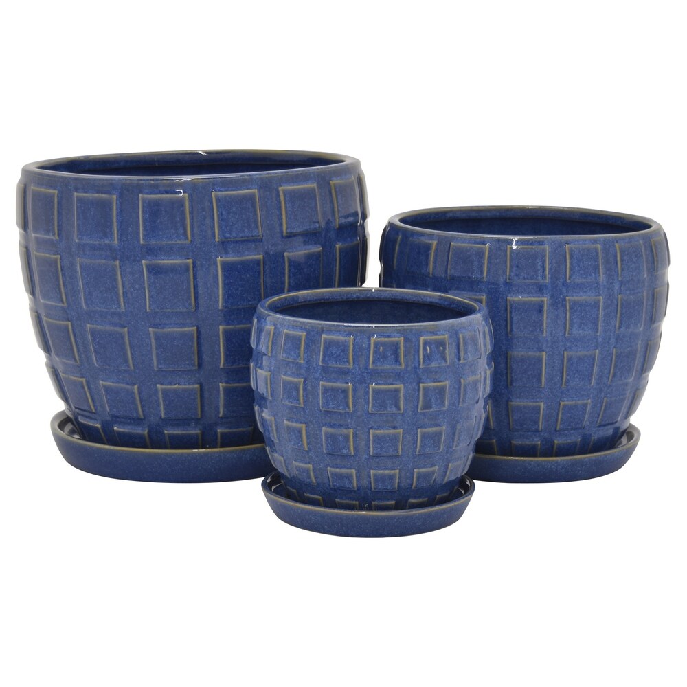 Ceramic Planter Set of 3 in Blue Porcelain 12in L x 12in W x 11in H
