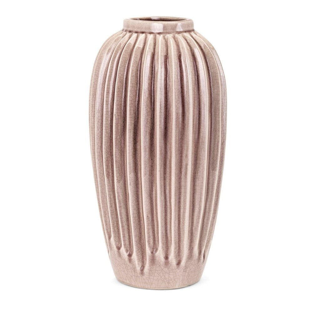 Ceramic Table Vase with Embossed vertical Straight Lines, Beige