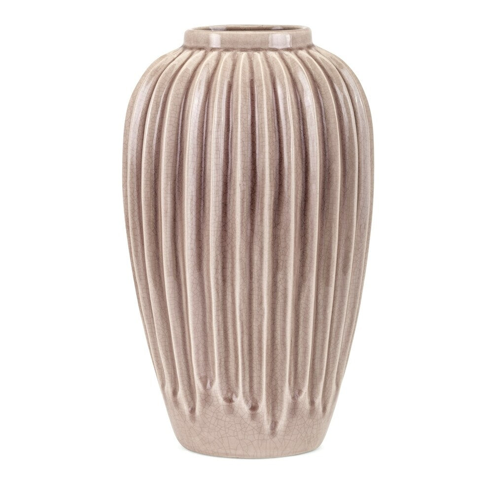 Ceramic Table Vase with Embossed vertical Straight Lines, Beige
